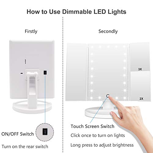 White Makeup Mirror with 21 LED Lights, 2X & 3X Magnification, Touch Control, Tri-Fold, Portable