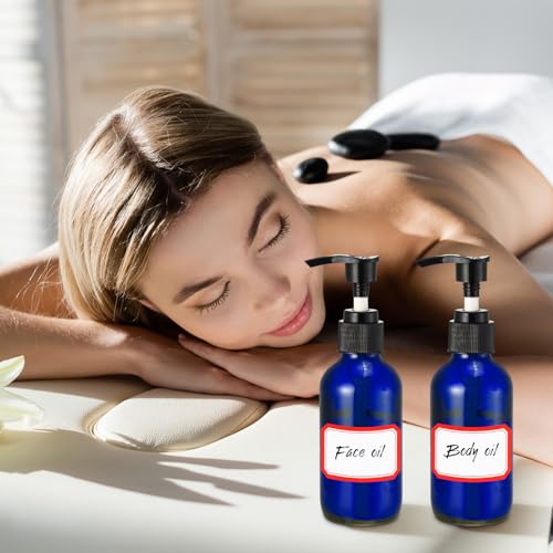 Blue Glass Travel Pump Bottles Set with Labels & Funnel - 12 Pack, 4 oz