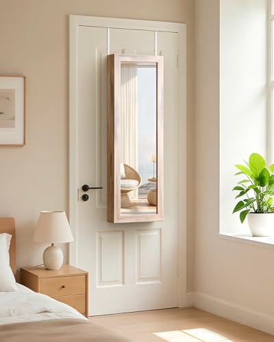 Nicetree 6 LEDs Jewelry Armoire Wall Mirror - Oak, Lockable & Space-Saving