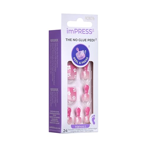 KISS Impress No Glue Pedi 30 Pcs Press on Toenails, Pink Stick on Extension False Nails for Toes, Peel & Press Easy Apply, Hassle-Free Removal, Includes Manicure Stick, Prep Pad & File