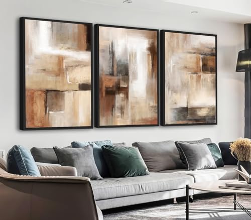 Large Canvas Wall Art Set - 16x24 Inches Brown Beige Abstract Prints - 3 Pieces Framed