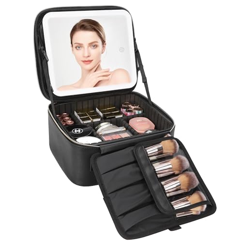 Relavel Travel Makeup Bag with LED Lighted Mirror, Black, Small Edition