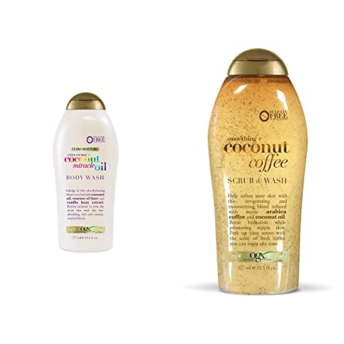 OGX Extra Creamy + Coconut Miracle Oil Ultra Moisture Body Wash, 19.5 Fl Oz Coffee Scrub and Wash, Coconut 19.5 Fl Oz