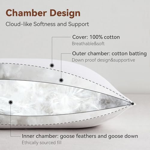 AIKOFUL Queen Size Goose Feather & Down Pillow Set of 2 - Hotel Quality, Ethically Sourced