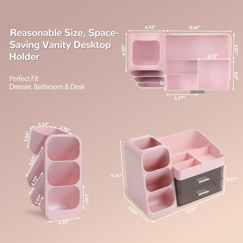 Large Pink Makeup Organizer with 2 Drawers & Brush Holder for Vanity & Bathroom