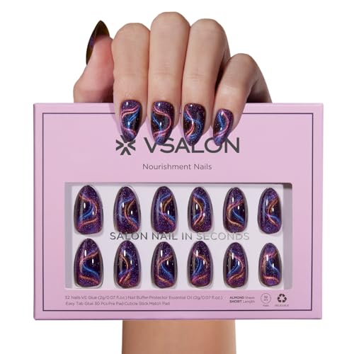 Short Almond Cat Eye Dark Purple Shimmer Nails Kit with Variation 04-Interstellar