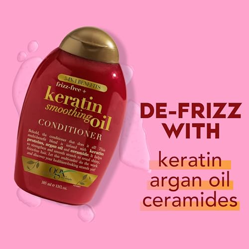 OGX Frizz-Free + Keratin Smoothing Oil Conditioner, 5 in 1, for Frizzy Hair, Shiny Hair, 13 Fl Oz