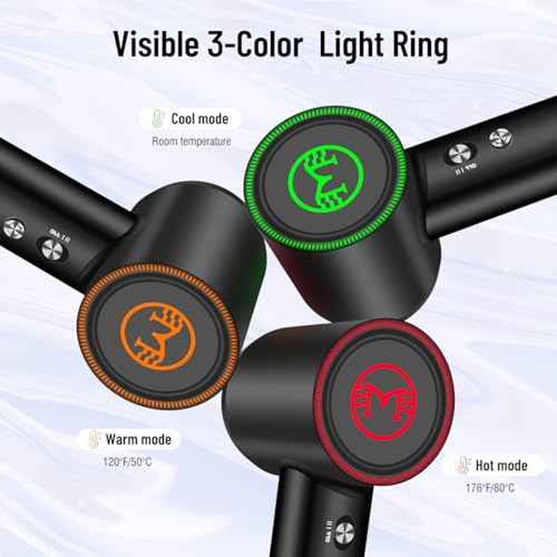 Hair Dryer - 110000 RPM High-Speed Brushless Motor Negative Ionic Blow Dryer for Fast Drying,Low Noise Thermo-Control Hair Dryer with Nozzle with Tri-Colour LED Light Ring, for Home and Travel