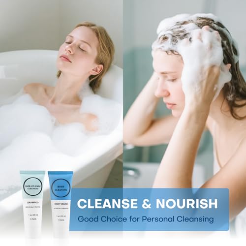 Travel Size Shampoo and Body Wash Bulk, Individually Wrapped Hotel Mini Shower Gel and Small Men Women Cleansing Toiletries Amenities for Hotel/Vacation/Homeless 1 oz (3.7inch, Count, 100)