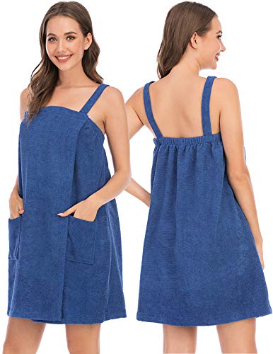 Large Blue Women Bath Wrap Towel with Pocket & Facial Headband - Adjustable Spa Robe