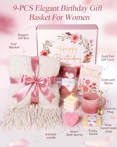 Pink Rose Birthday Spa Gift Basket with Plush Knit Blanket - Coralogo