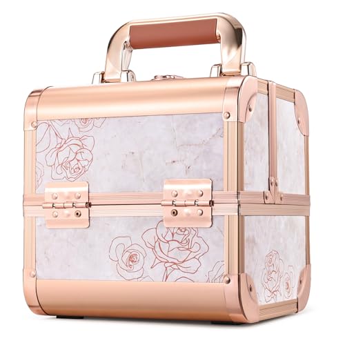 Costravio Makeup Case Train Case Portable Makeup Box with Mirror Lock Box Travel Cosmetic Train Cases Hard Make Up Organizer for Girls Nail Craft Storage Vanity Rose Gold Flower