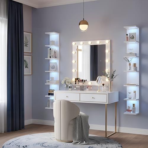 7-Tier Wall Shelf with RGB Lights - White, Remote Controlled, Space-Saving Display