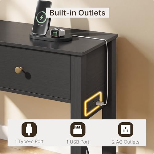 Gizoon 39W Black Sofa Table with Outlets & USB Ports, Modern Console