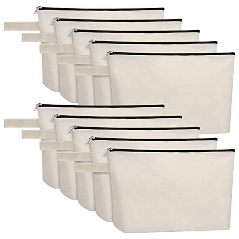 10 Pieces Cotton Canvas Makeup Bag with Bottom, Multi-Purpose Cosmetic Bag with Zipper Travel Toiletry Pouch, Blank DIY Craft Bag Pencil Bag (L, White) (MN-WB07)
