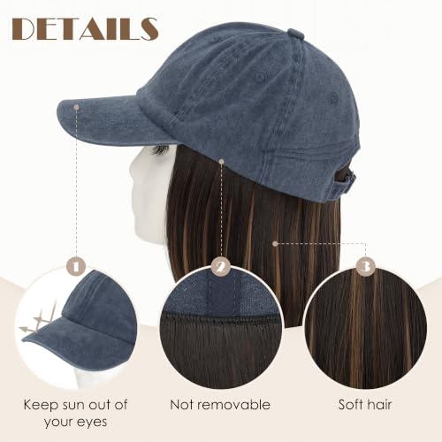 Blue Highlighted 6-Inch Distressed Baseball Cap Wig with Short Bob Hair for Women - Adjustable Vintage Hat Wig