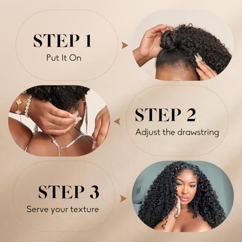 ALIDIDI 20 Inch Kinky Curly Human Hair Half Wig 3-in-1 Glueless Drawstring Style - Model Wig-7