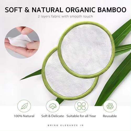 Reusable Bamboo Cotton Makeup Remover Pads Set with Washable Bag & Storage Jar - Eco-Friendly Facial Cleansing Discs - 20 Pack