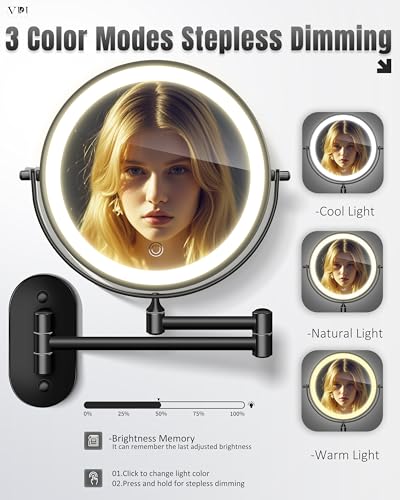 8 Inch Wall Mounted Magnifying Makeup Mirror with Light - Black - 30X/1X Variation