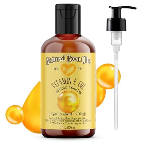 Natural Born Oils Natural Vitamin E Oil, 8oz, Organic, Cold-Pressed, Rich in Alpha-Tocopherol, Ideal for Moisturizing Skin, Strengthening Hair