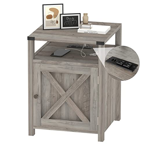 Rustic Grey Farmhouse Nightstand with Charging Station, Storage End Table