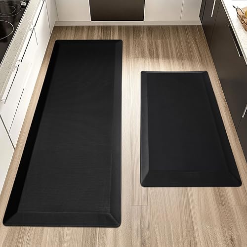 Extra Thick Anti-Fatigue Kitchen Mat Set - Black 20x32 + 20x48 Inches