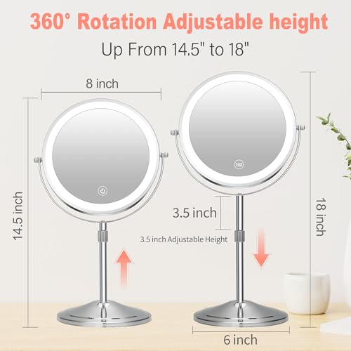 Rechargeable LED Lighted Makeup Mirror with 10X Magnification & Dimmable Lights