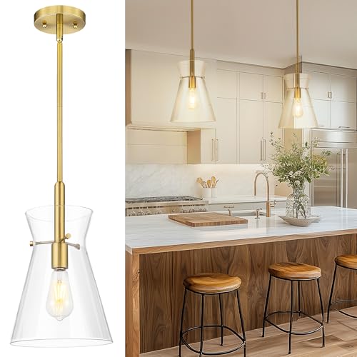 EMAK 9-Inch Modern Pendant Light with Clear Glass Shade - Brushed Gold, Adjustable Height, Kitchen Island Lighting - Variation of Brushed Gold / 1