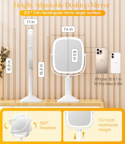 Rectangle Lighted Makeup Mirror with Magnification 1X/10X - White, Adjustable & Rechargeable