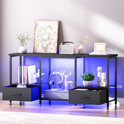 Black LED TV Stand with Storage for 55-Inch TVs, Open Shelves & Drawer
