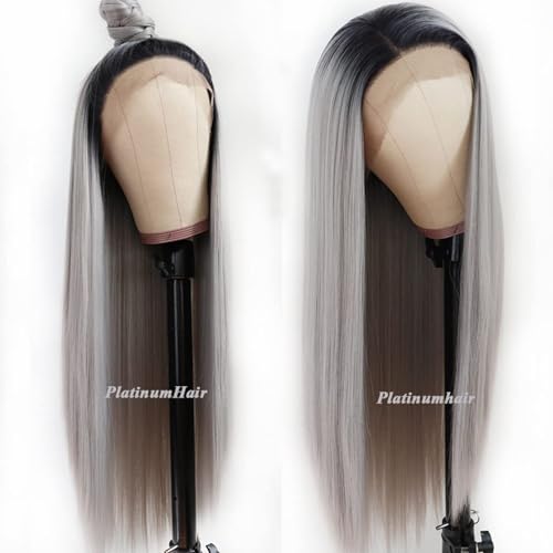 PlatinumHair Ombre Gray Lace Front Wig 24 Inch Long Straight Synthetic Heat-Resistant Fiber for Women - Pack of 1
