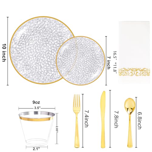 Rubtlamp Clear Gold Hammered Plastic Plates Set - Disposable Dinnerware for Parties