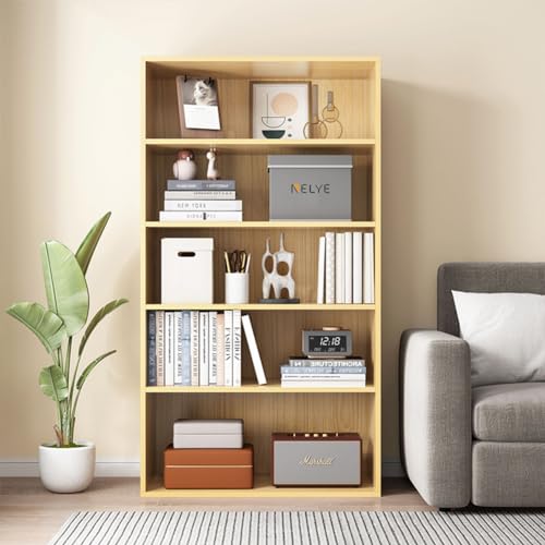 NELYE 5-Tier Oak Finish Open Bookcase – 23.62x9.53x52.17 inches, Stylish Storage Shelf