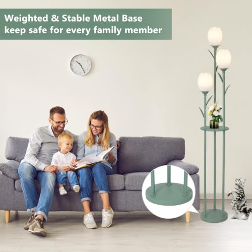 Green 3-Light Flower Floor Lamp with Shelves - Tulip Standing Lamp for Living Room & Bedroom