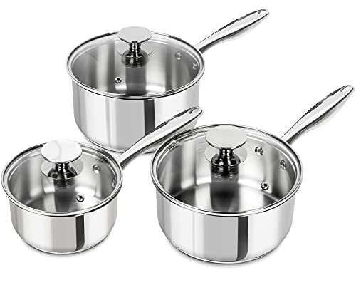 Michelangelo 3-Piece Stainless Steel Saucepan Set with Tri-Ply Bottom, 1QT, 2QT, 3QT, Dishwasher Safe