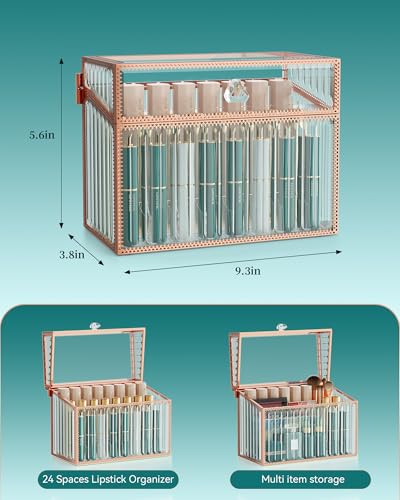 Gold Lipstick Organizer with 24 Slots - Tempered Glass Makeup Storage