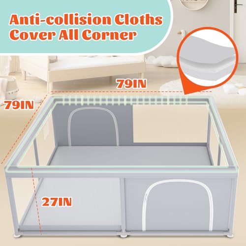 Extra Large Baby Playpen 79x79 Inches with Soft Breathable Mesh - Grey, Without Mat