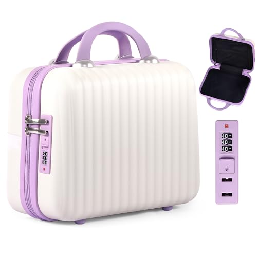 Beige & Purple 14-Inch ABS Hard Shell Makeup Train Case with Lock, Organizer