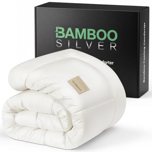 Queen Size Cooling Bamboo Comforter - Hypoallergenic All-Season Duvet Insert - White 88x88 Variation