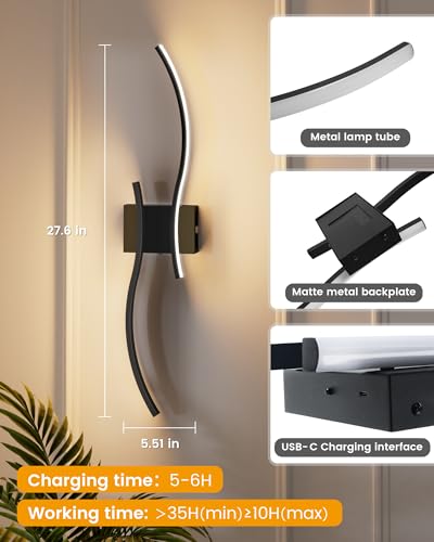 NIORSUN Black 27.6 Inch Rechargeable Wireless Wall Sconce Set of 2 with Remote, Dimmable & 3CCT, Modern LED Wall Lights for Living Room & Bedroom
