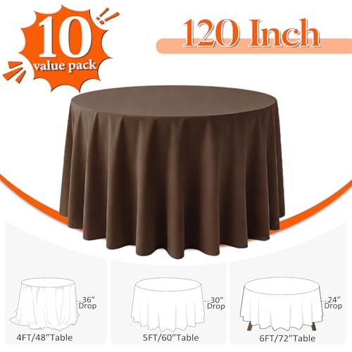 Brown 10 Pack 120-Inch Round Tablecloth for 48-96 Inch Tables - Durable Polyester