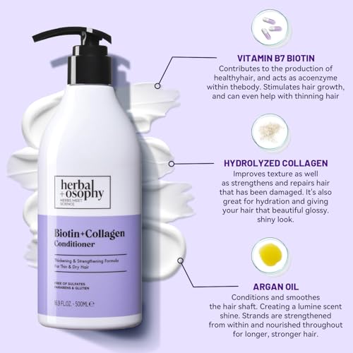 Herbalosophy Biotin & Collagen Shampoo & Conditioner Set with Vitamin B7 & Argan Oil - Pack of 2, 16.9 Fl Oz Each, Sulfate & Paraben Free, Dry & Damaged Hair Repair