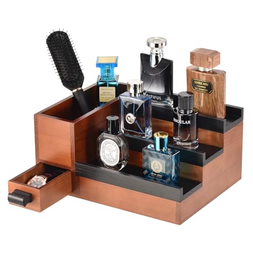 Perfume Stand Organizer for Men with 3 Tiers, Walnut & Black Finish, 1 Drawer