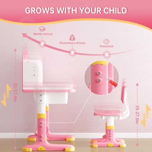 Pink Kids Adjustable Desk and Chair Set - Ergonomic Study Table for Children