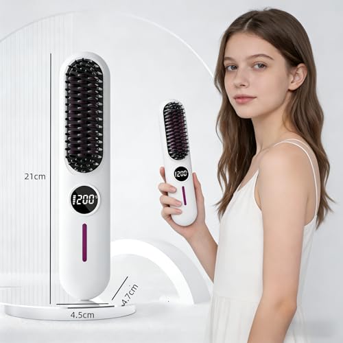 Cordless White Hair Straightener Brush with LCD & 7 Heat Settings – Travel & Daily Styling