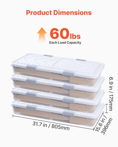 Under Bed Storage Containers with Wheels - 4 Pack, Dustproof Lid & Stackable Design