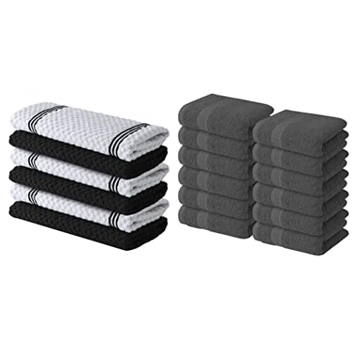 Infinitee Xclusives Premium Black Kitchen Towels ? Pack of 6, 100% Cotton 15 x 25 Inches Absorbent Dish Towels + Grey Washcloths Set ? Pack of 12, 13x13 Inches 100% Cotton Wash Cloths