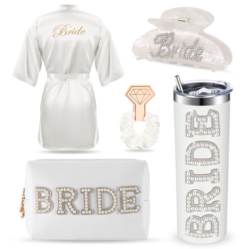 Bridal Shower Gift Set with Satin Robe, Stainless Steel Tumbler, Claw Clip & More