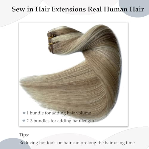 Ash Blonde Balayage Sew In Hair Extensions 14 Inch Human Hair Weft - Variation #18/60