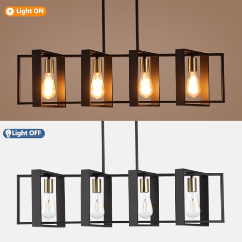 9MMML 35.4in Black Wood & Metal Kitchen Island Pendant Light 4 Lights, Adjustable Height